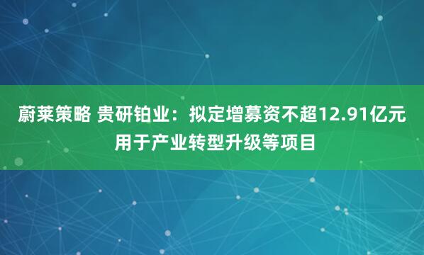 蔚莱策略 贵研铂业：拟定增募资不超12.91亿元 用于产业转型升级等项目